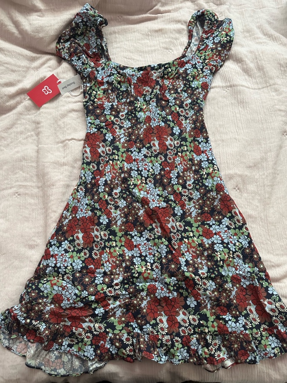 Sunday Best Floral Mini Dress in Black, Red & Light Blue